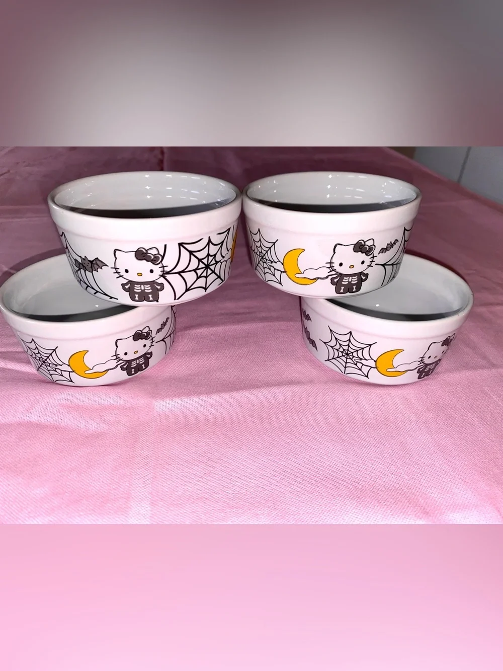 Hello Kitty Halloween Ceramic Ramekin Bowl Set Skeleton Moon Skull Spooky Spider